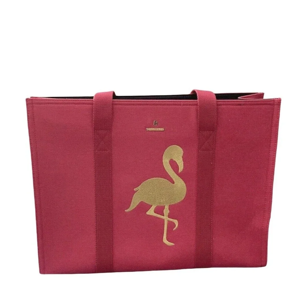 Spartina 449 Tote‎ Bag Womens Pink Excellent Gold Flamingo Embroidered Linen